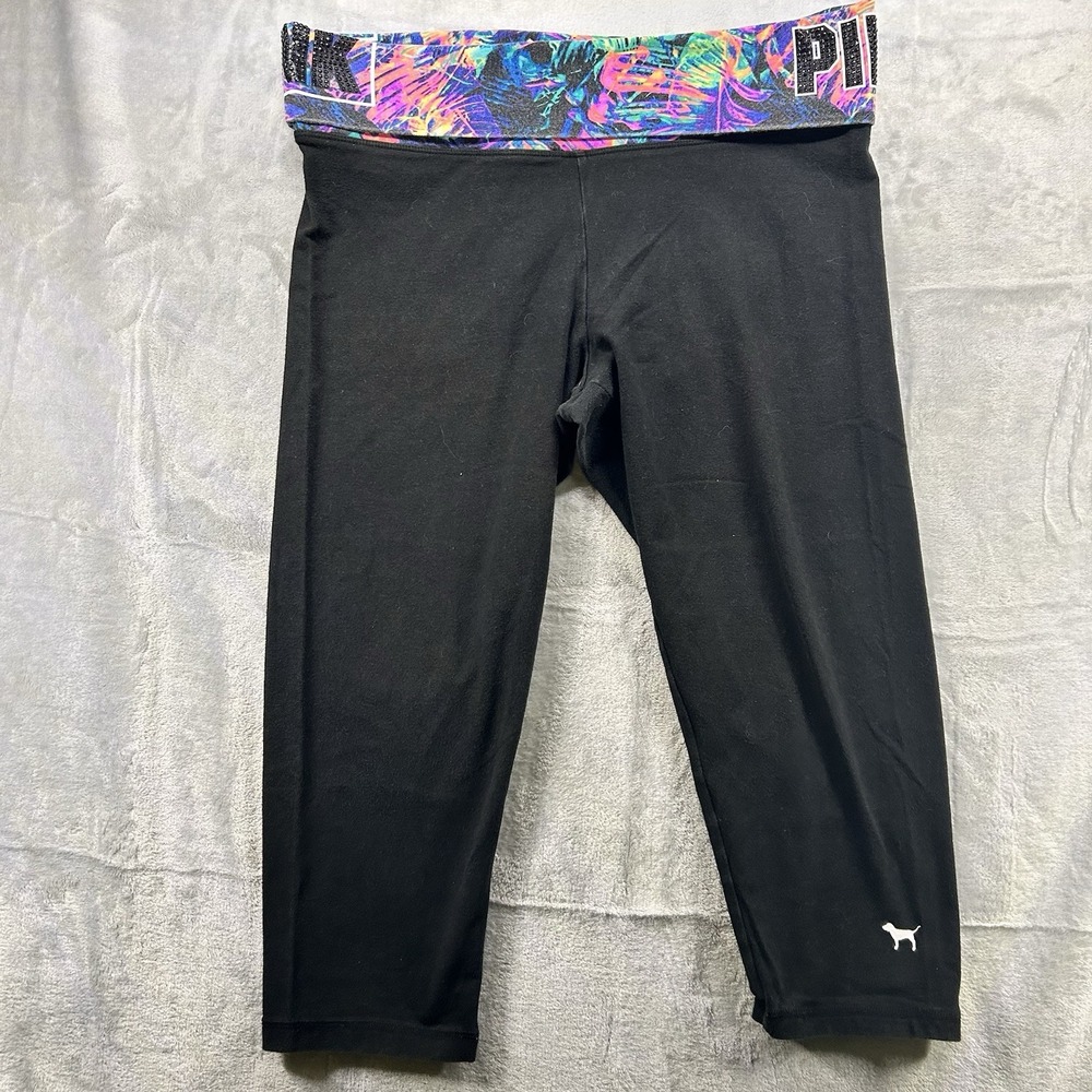 PINK Victoria's Secret‎ Sz L Bling Fold Over Waist Capri Leggings Y2K